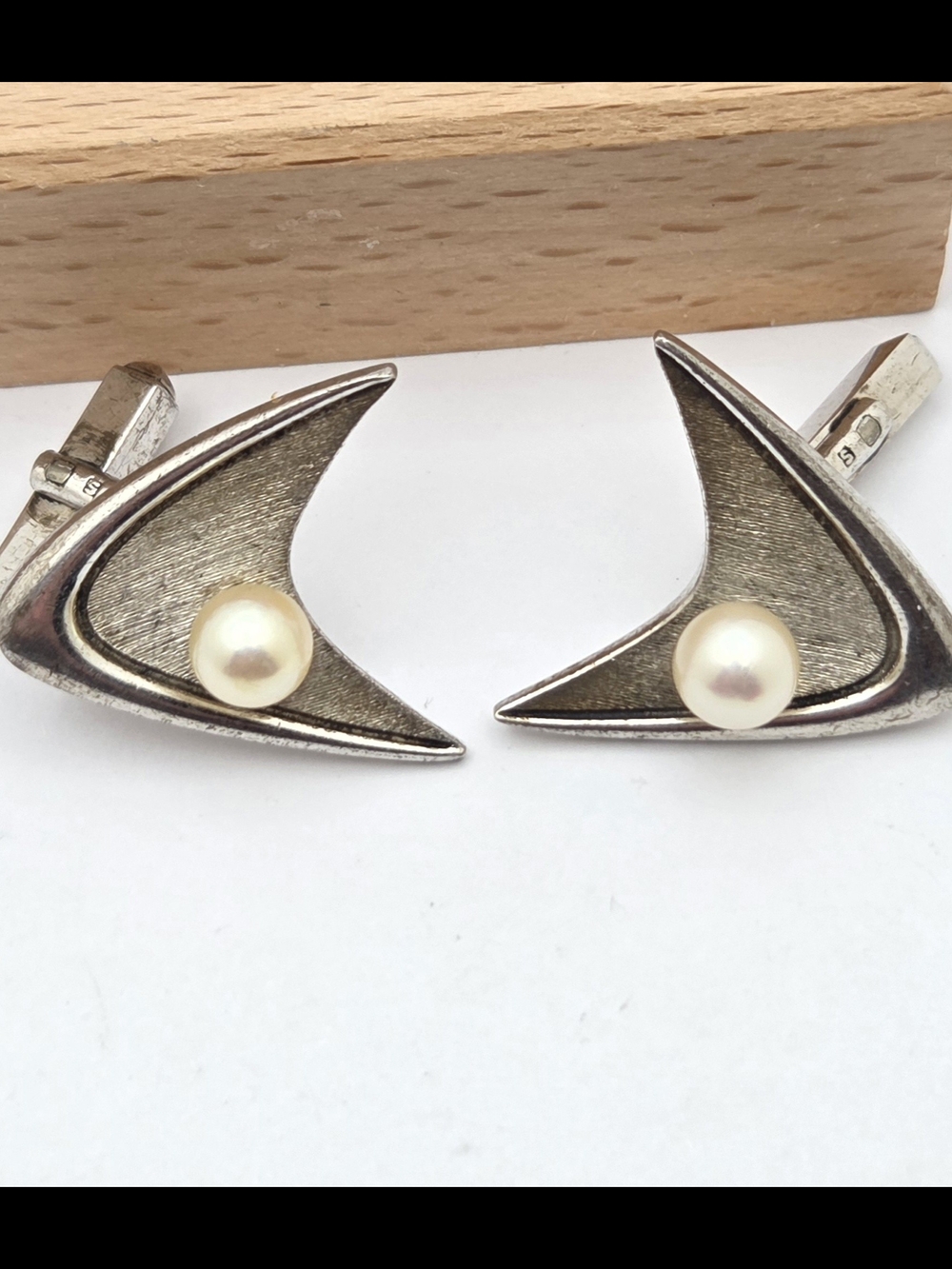 Vintage Sterling Silver Pearl Atomic Age Boomerang Cufflinks MCM